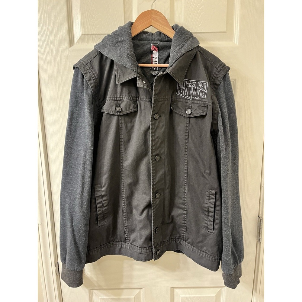 Metal Mulisha Y2K Black Denim Canvas Trucker Jacket Mens XL Hooded Grunge Moto